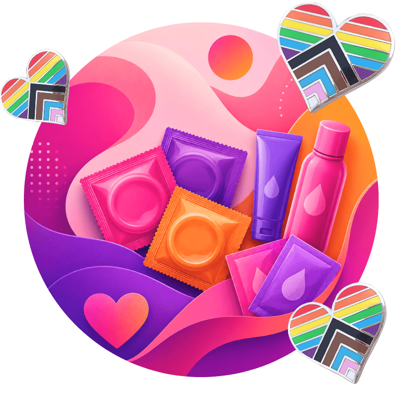 Ilustración abstracta de preservativos gratis en Madrid y lubricantes de La Condonera de COGAM